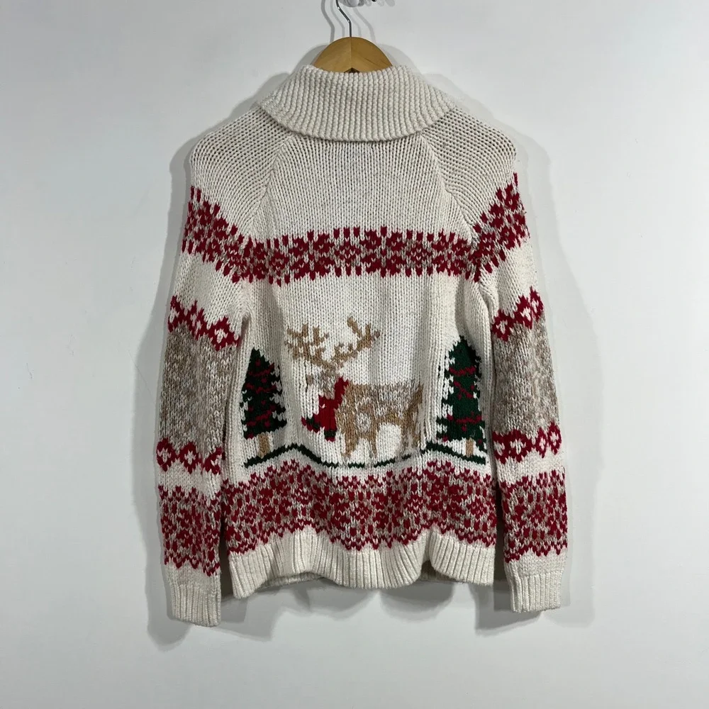 Lands End Womens Fair Isle Reindeer Zip Front Cardigan Sweater Small Nordic Ski